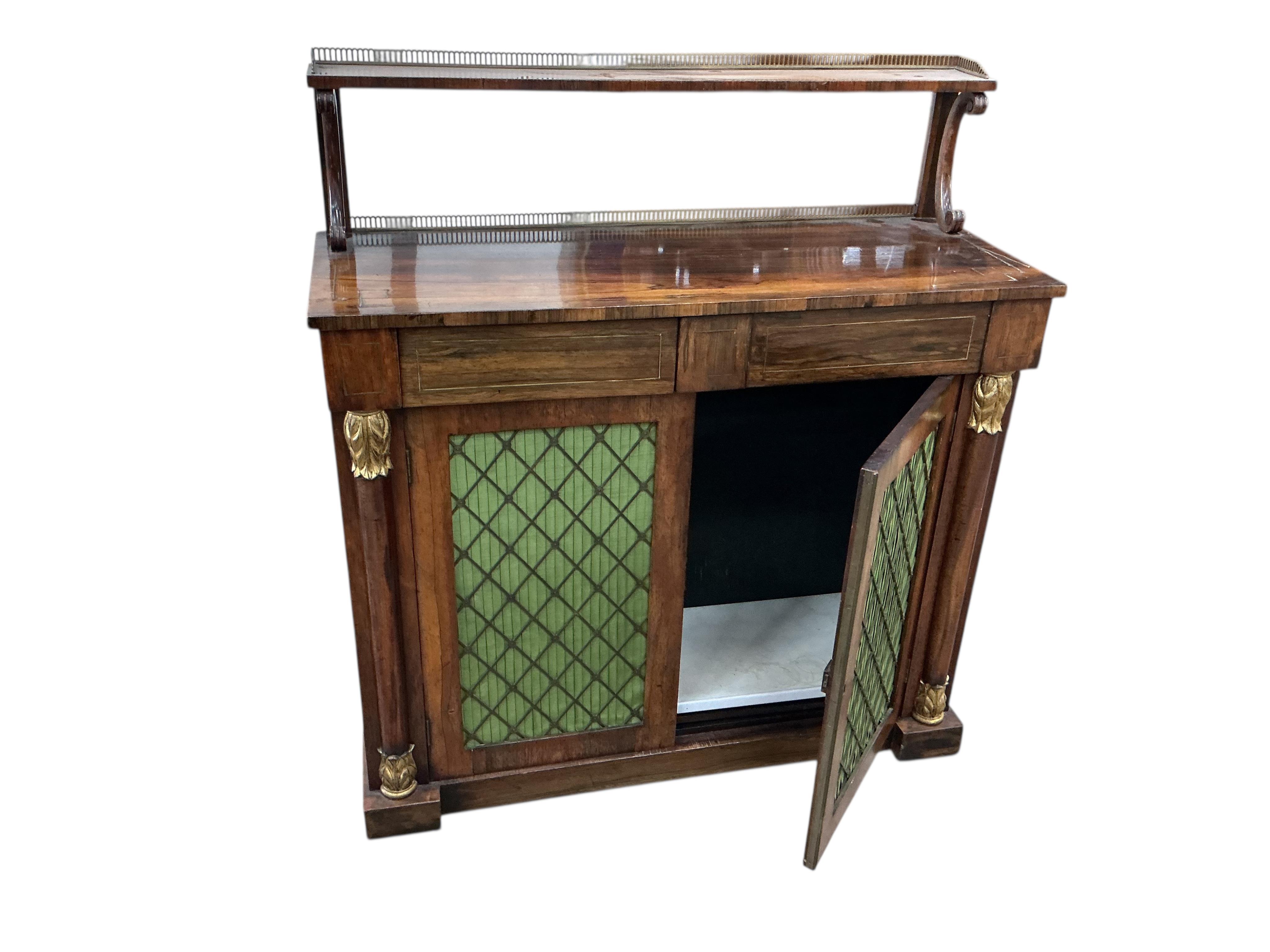 A Regency brass strung rosewood chiffonier, width 106cm, depth 39cm, height 117cm